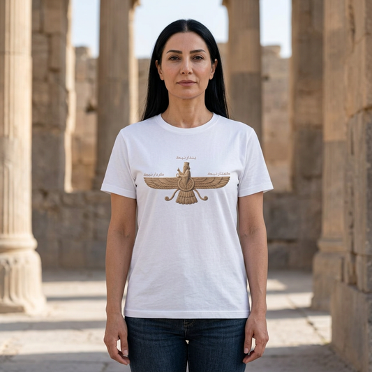 White – Farvahar Pillar Tee – worn by model