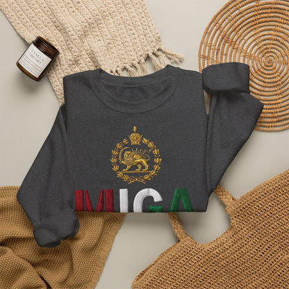 Dark Heather – MIGA Pahlavi Crest Sleeve – close-up