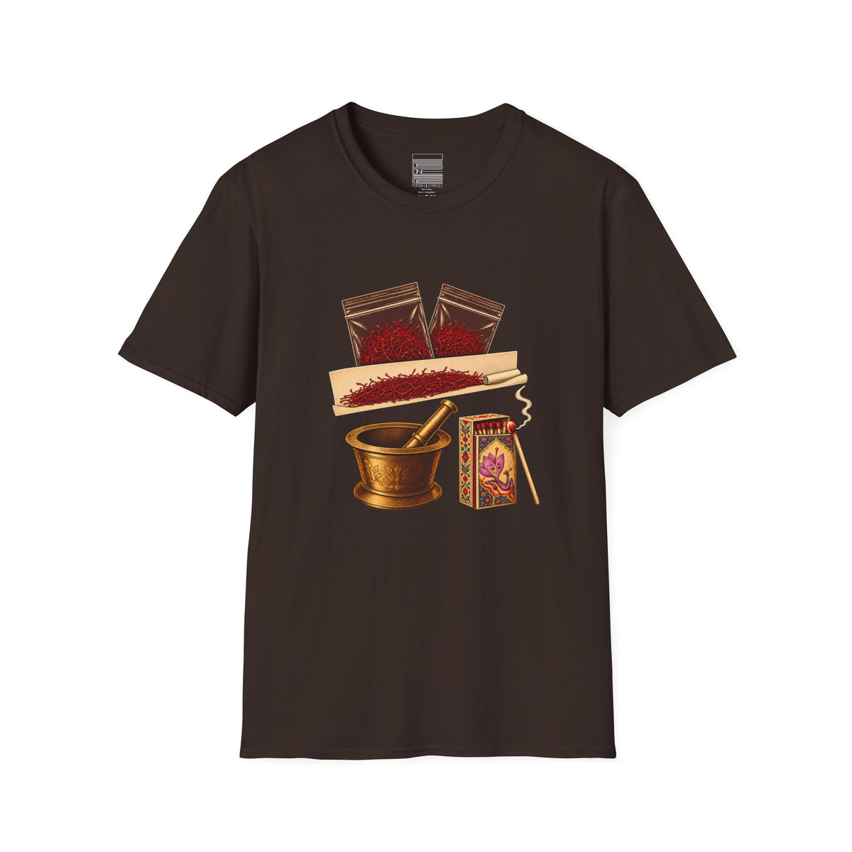 Dark Chocolate – Saffron Stash Tee – front