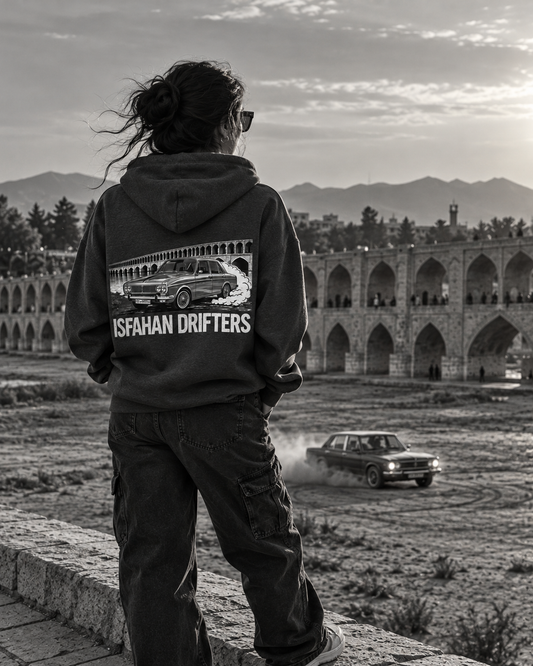 Dark Heather – Isfahan Drifters BW Hoodie – worn by model